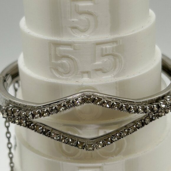 Vintage Silver-Tone Hinged Bangle Bracelet With Rhinestone Accents & Safety Chai - Picture 8 of 13